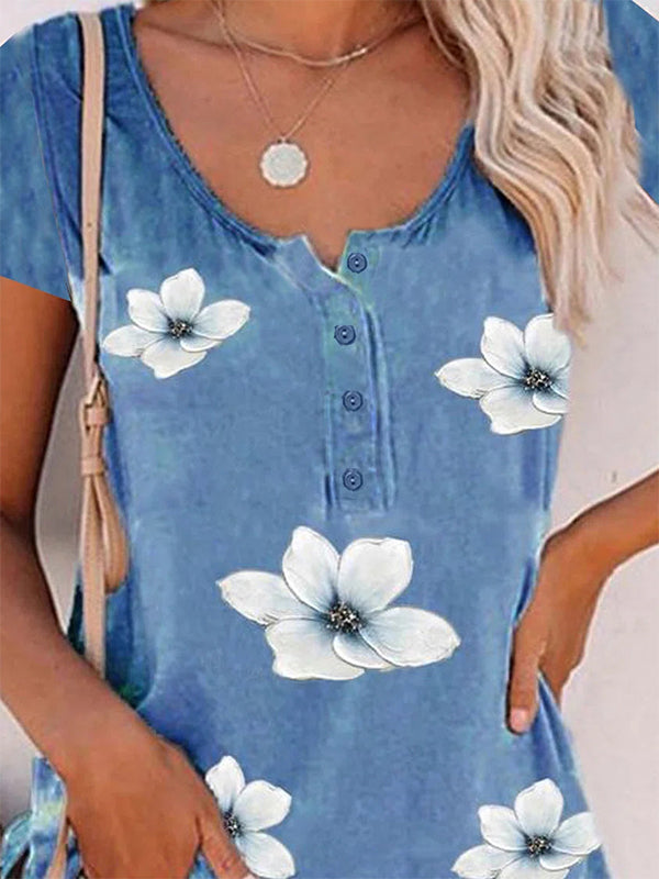 Comfysol Flower Casual Round Neck Short Sleeve Floral Printed Blouse