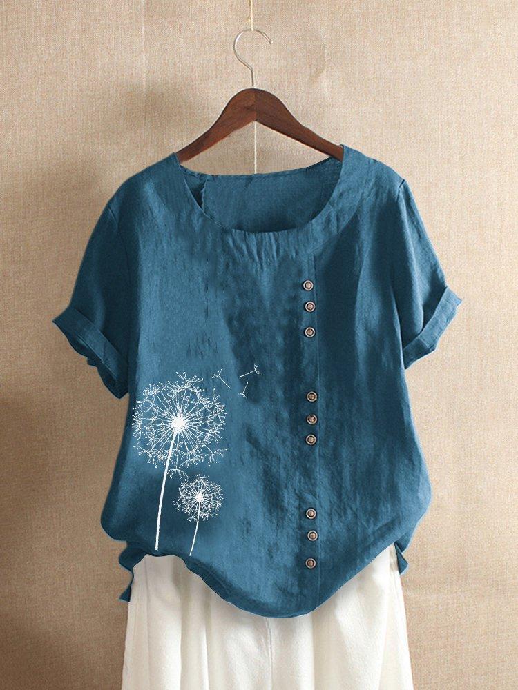Comfysol Vintage Print Flower Short Sleeve Button Blouse
