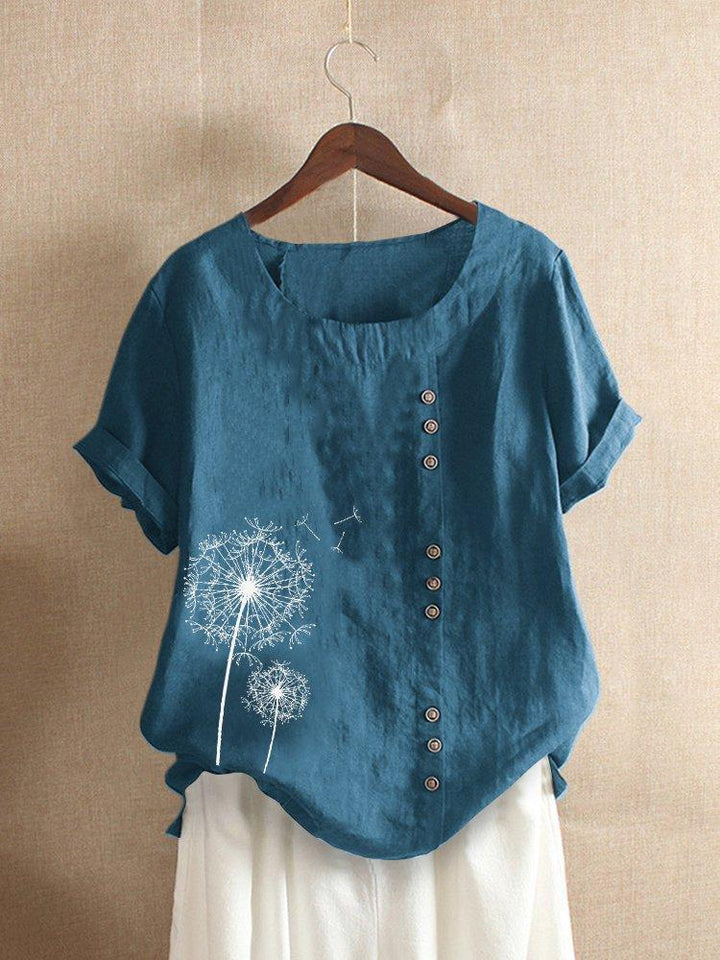 Comfysol Vintage Print Flower Short Sleeve Button Blouse