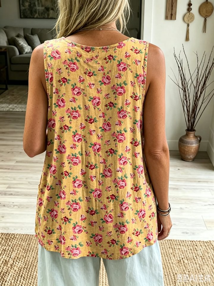 Women's Yellow Vintage Rose Floral Print Sleeveless Pocket Tank Top