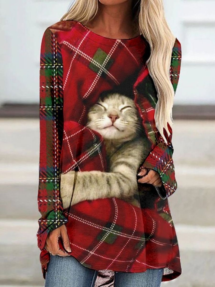 Comfysol Red Casual Graphic Tops Round Neck Plaid Cat Printed Long Sleeve Sweatshirts