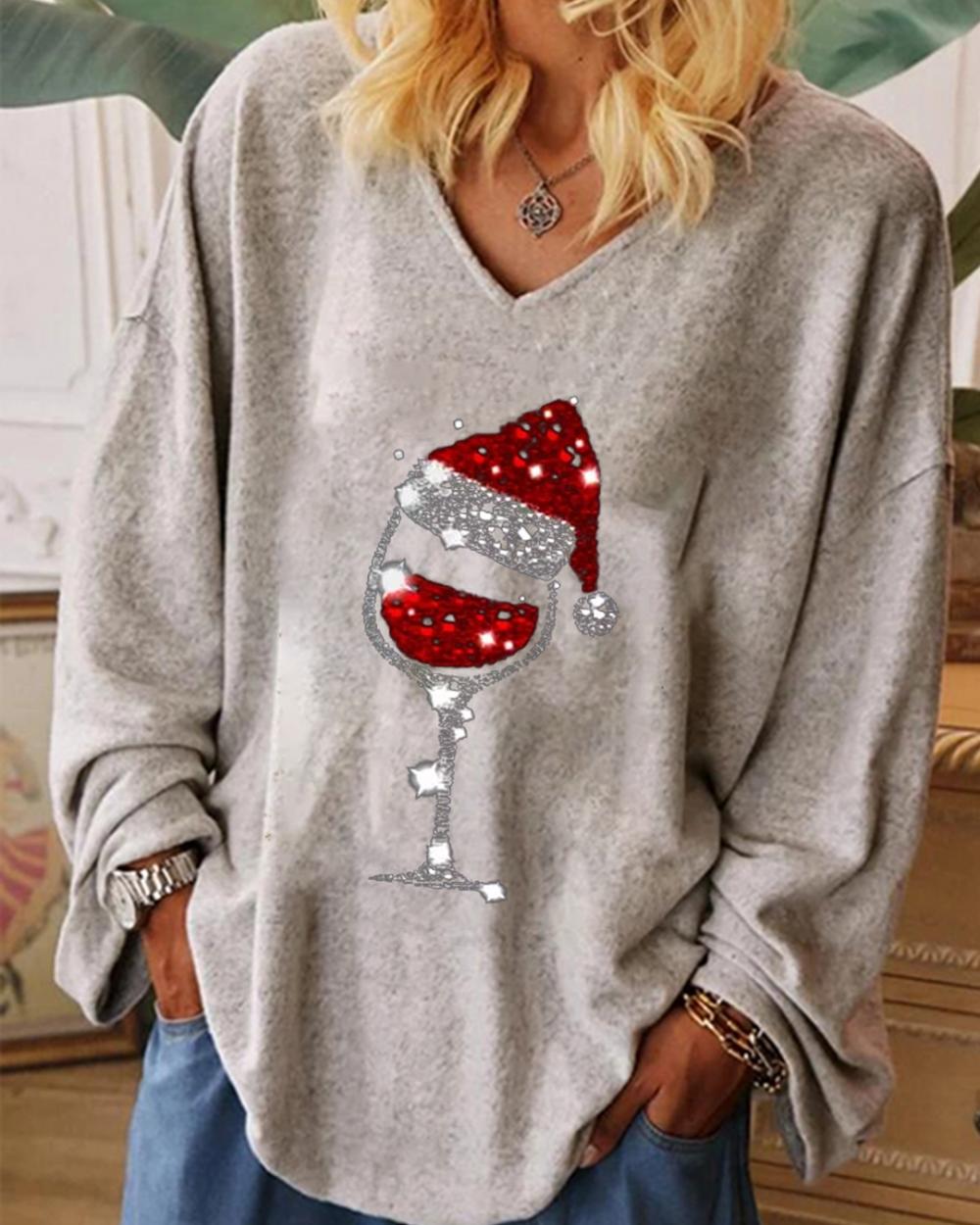 Comfysol Christmas Wine Glass Print Long Sleeve T-shirt