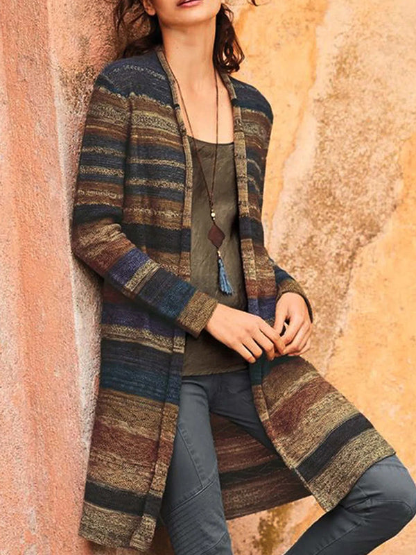 Comfysol Brown Casual Long Sleeve Stripe Printed Cardigan