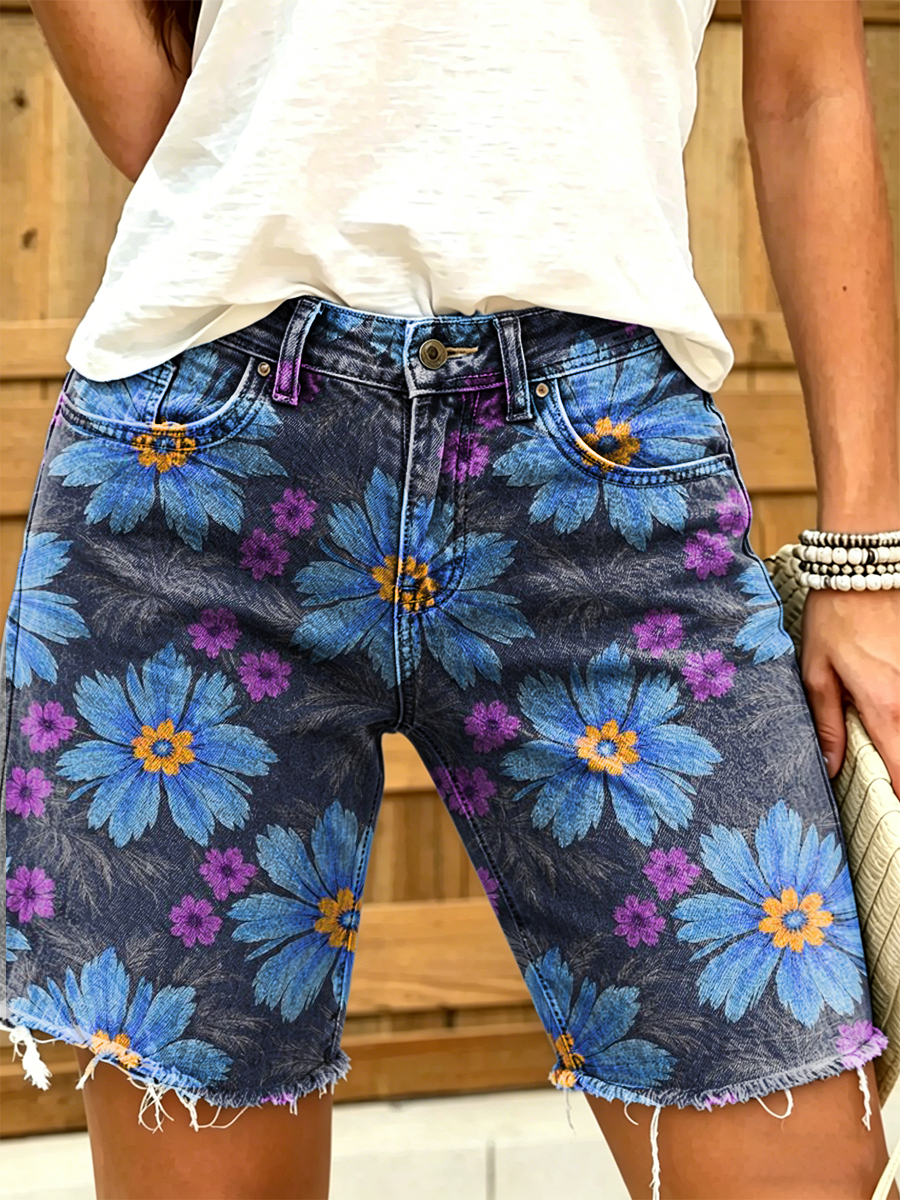 Women Vintage Floral Art Print Casual Cotton Denim Shorts