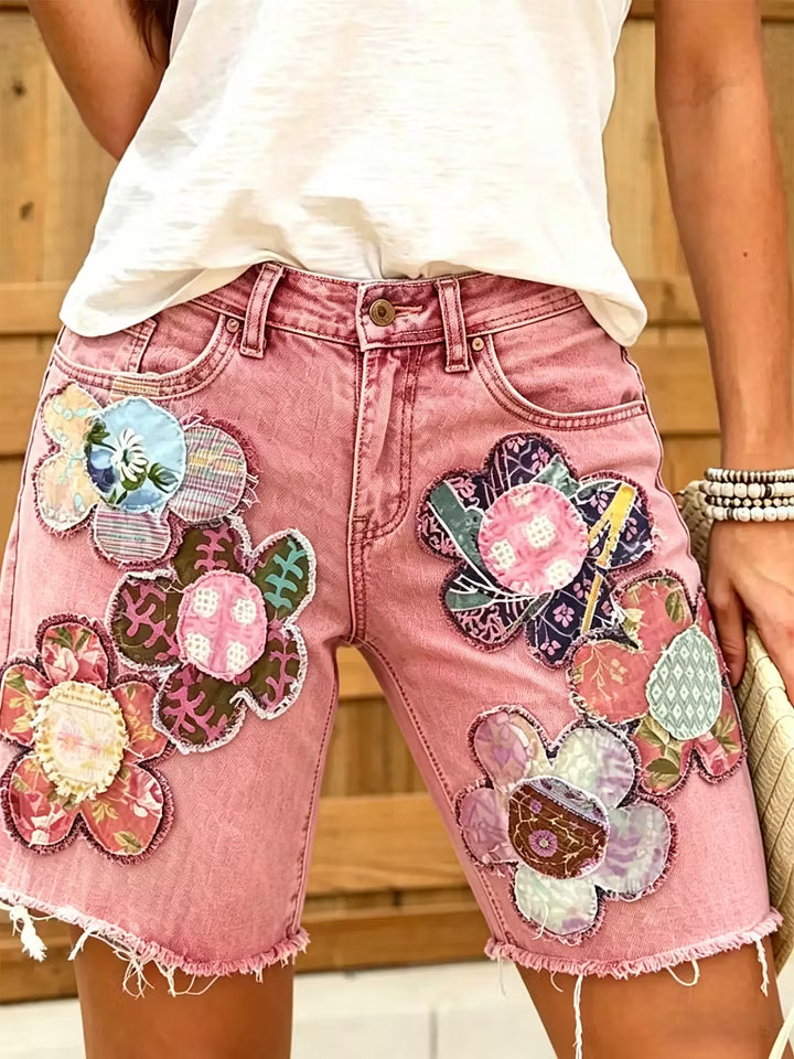 Women Ethnic Floral Print Denim Shorts