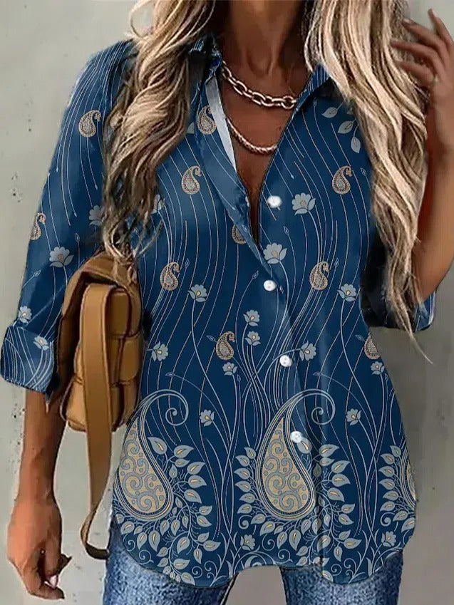 Comfysol Dark Blue Casual Lapel Long Sleeve Floral Printed Blouse
