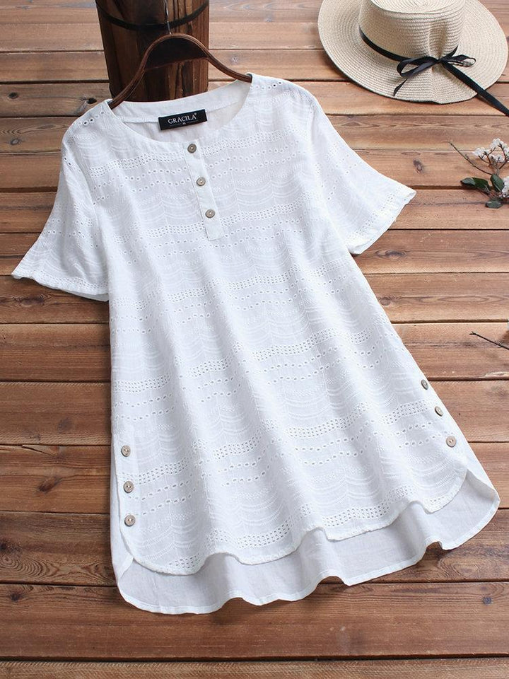 Comfysol Bohemian Embroideried Short Sleeve Button Casual Blouse