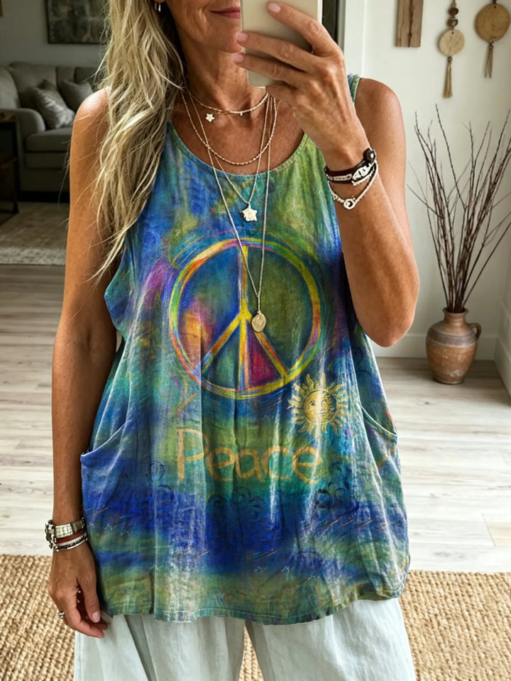 Women's Rainbow Tie-Dye Peace Sign Quote Print Casual Tank Top