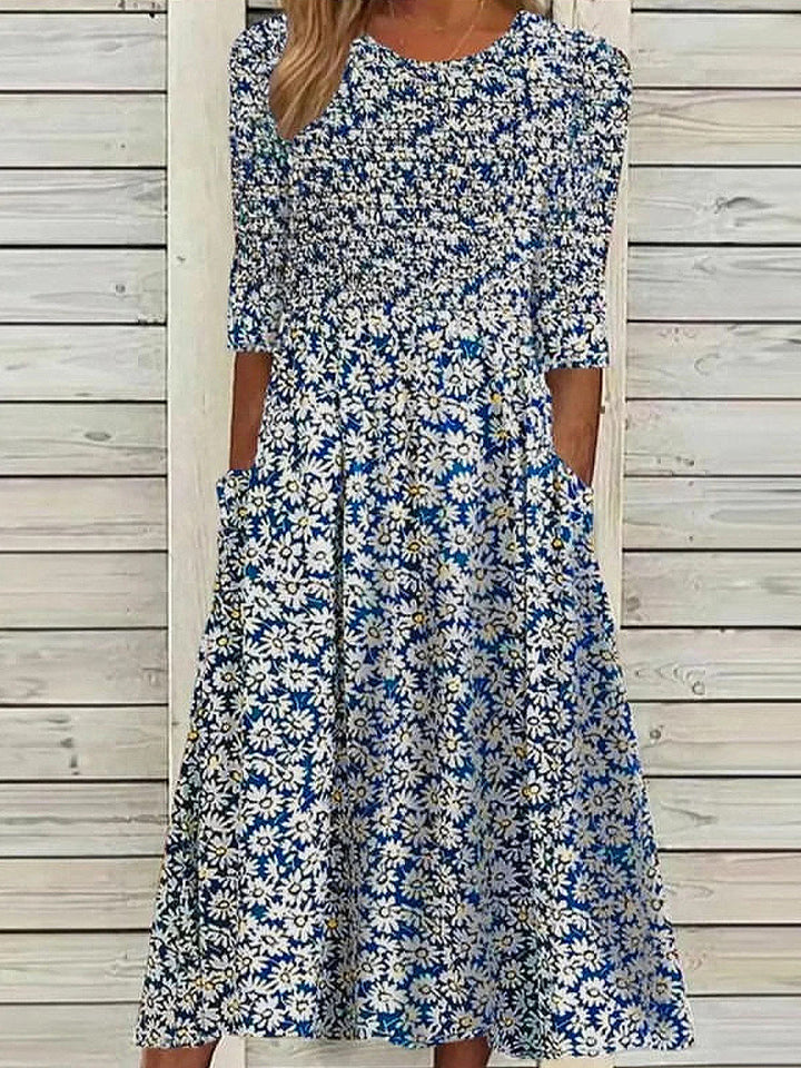 Women Floral Half Sleeve Summer Printing Dress Crew Neck Daily Casual Maxi A-Line Dress