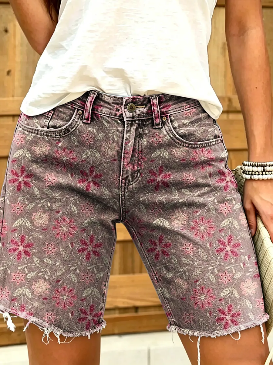 Women's Vintage Floral Print Denim Shorts