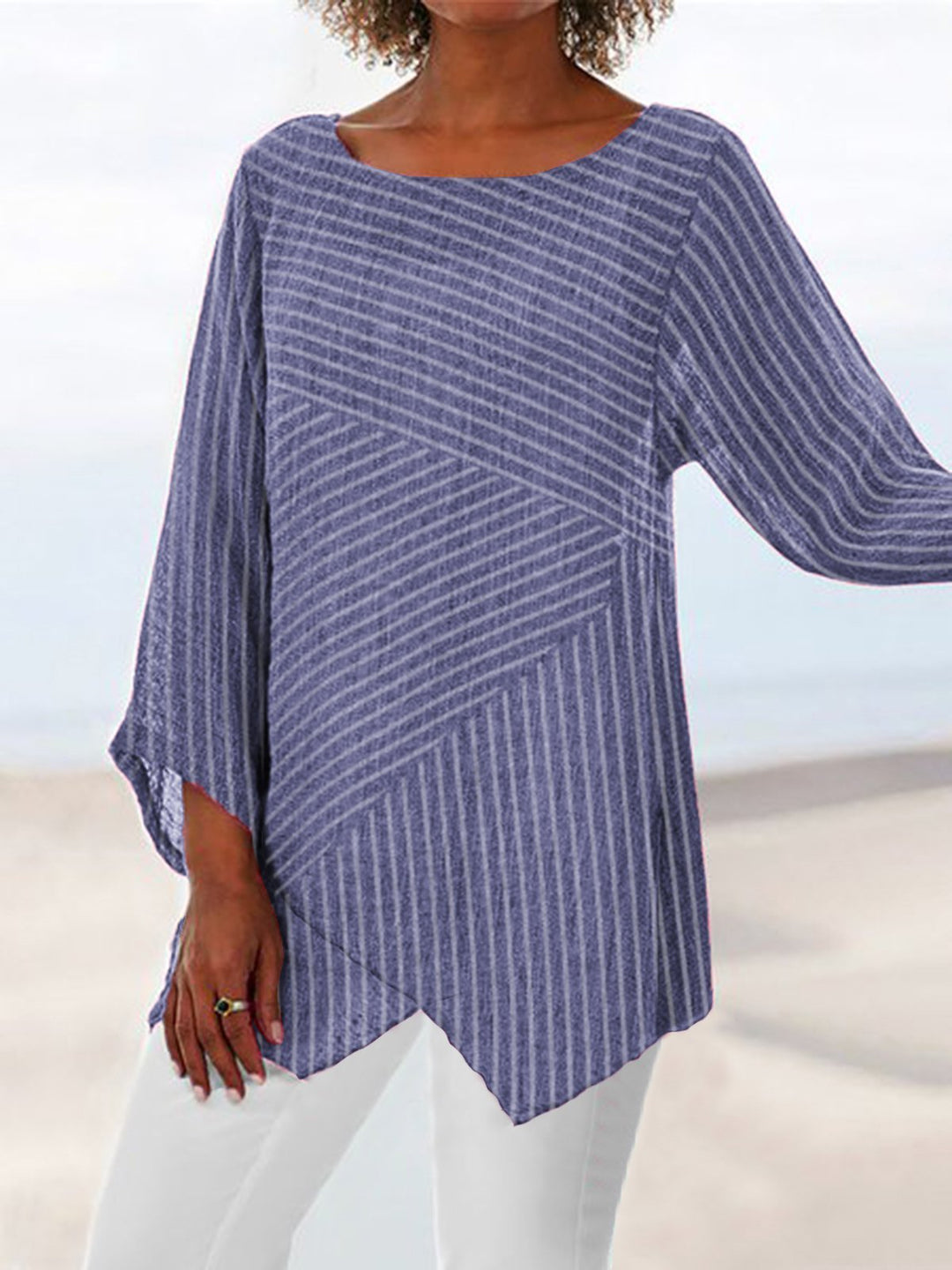Comfysol Crew Neck Long Sleeve Paneled Vacation Blouse