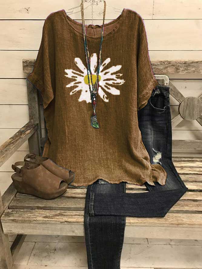 Comfysol Short Sleeve Crew Neck Shift Sunflower Print Casual Blouse
