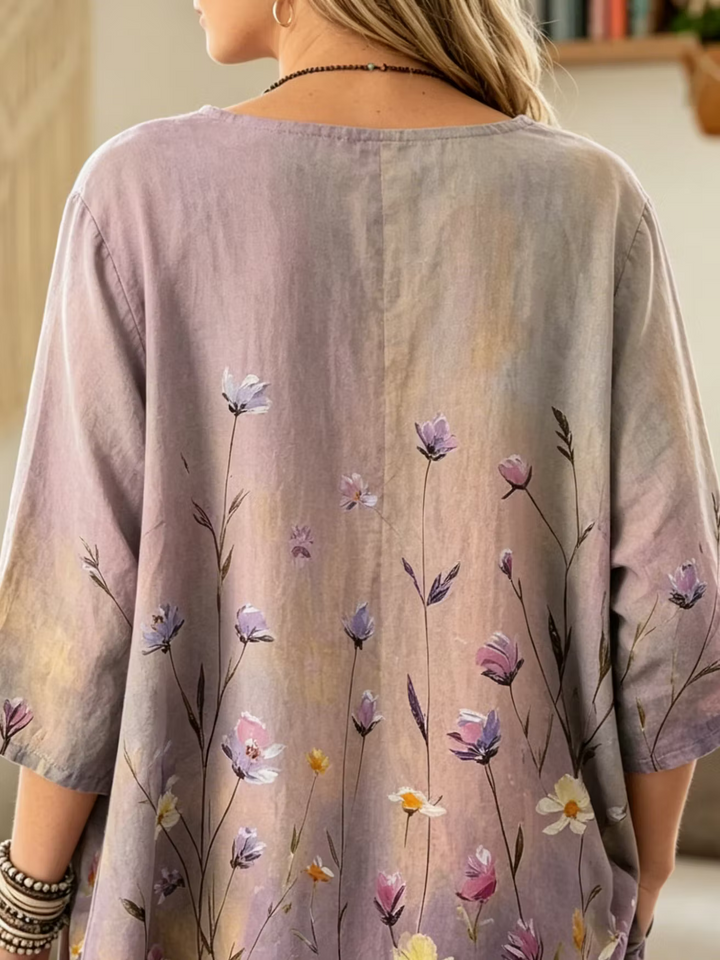 Ethnicity Flowers Women's Art Print Casual 3/4 Sleeve Cotton Top