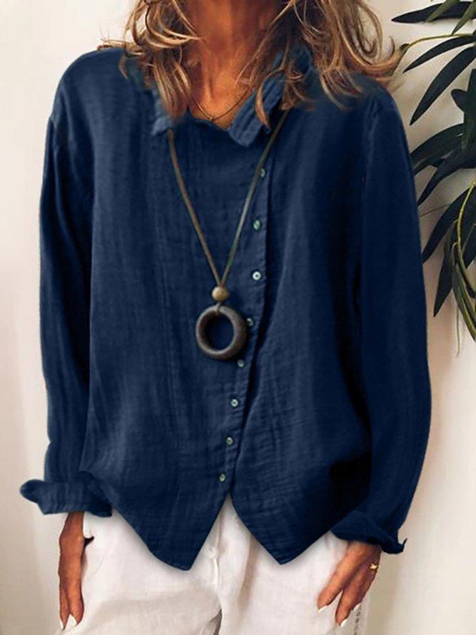 Comfysol Blue Button Lapel Long Sleeve Casual Shirt For Women