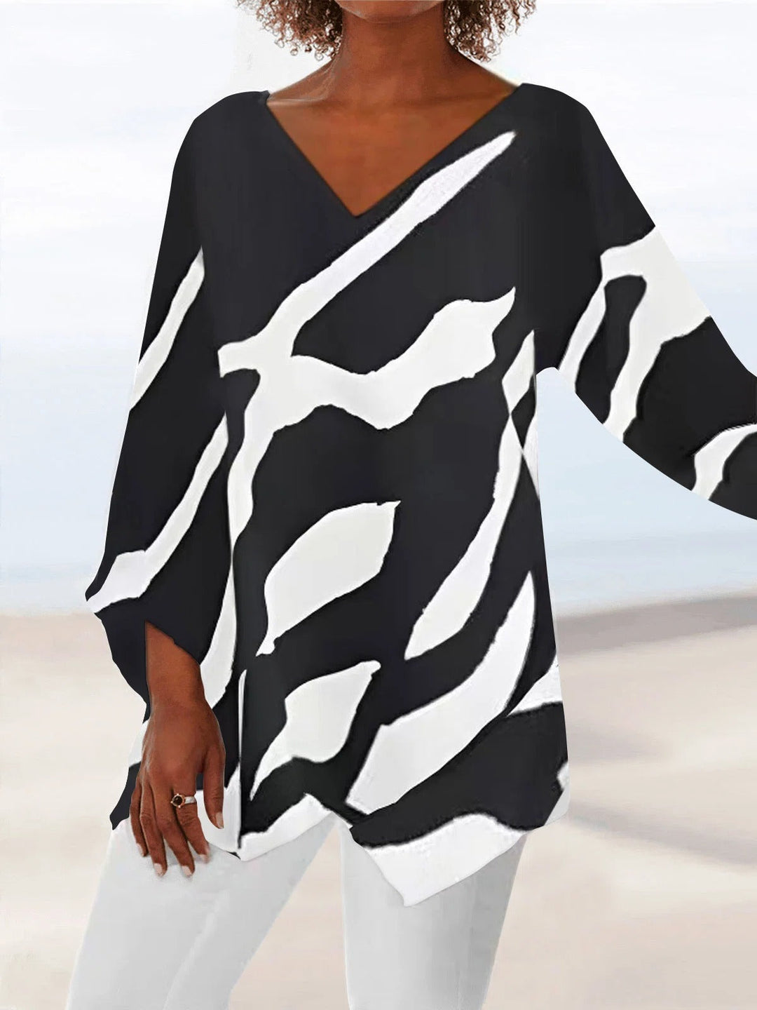 Comfysol Black Casual V Neck Stripe Long Sleeve Blouse