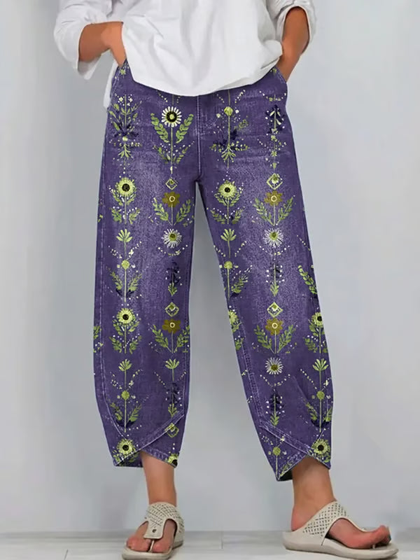 Women's Vintage Flowers Floral Patterns Art Prints Casual Denim Cotton Pants (With Pockets)