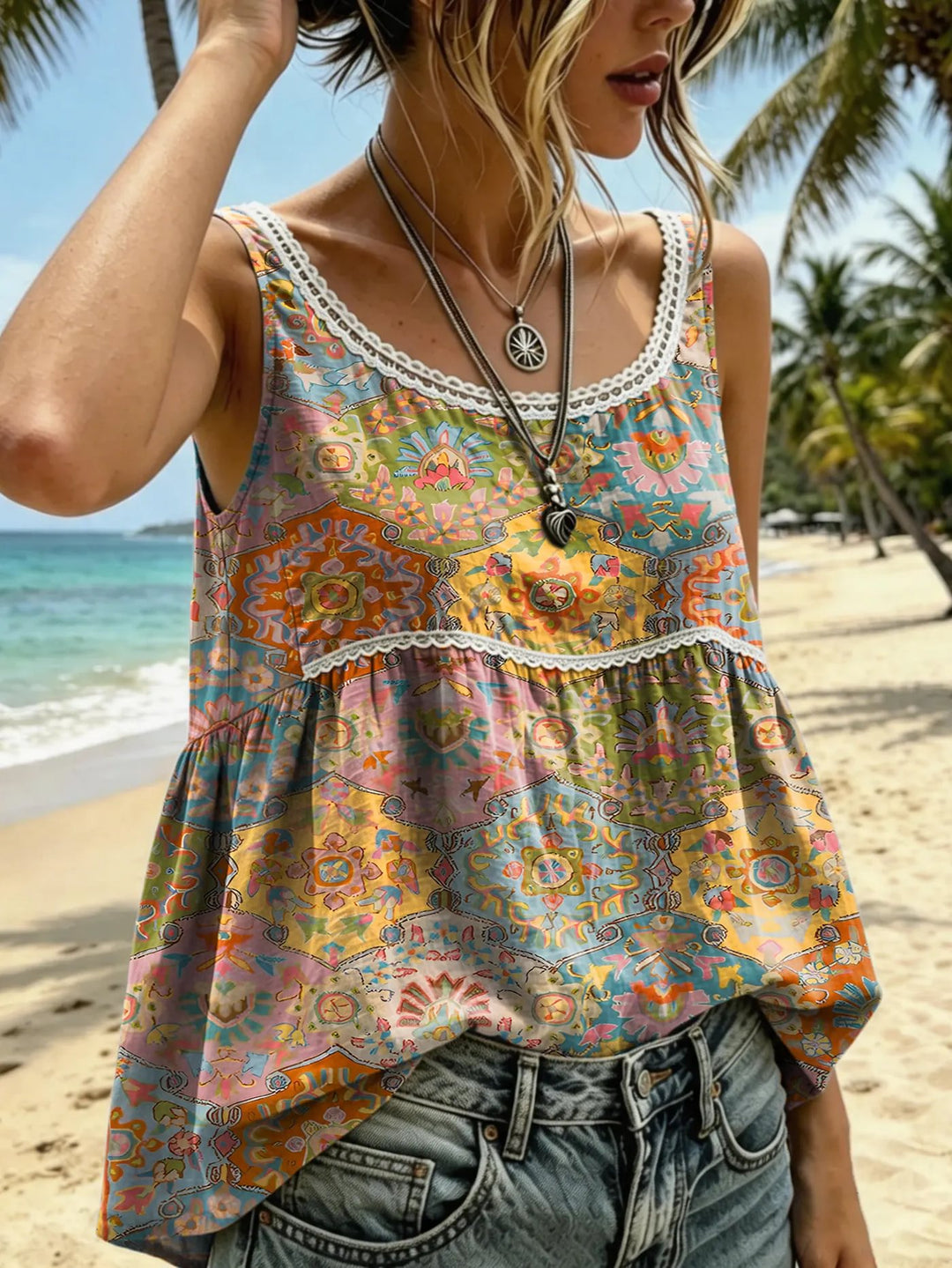 Women's Ethnic Floral-print Artistic Lace Crew-neck Tank Top