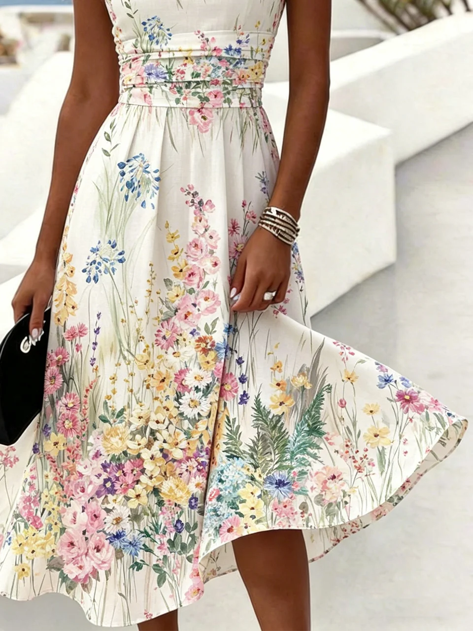 Floral Print Crew Neck Sleeveless Waist Cinched Summer Dress