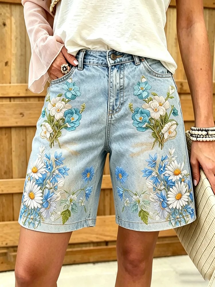 Women's Tropical Hibiscus and Frog Print Cotton Denim Bermuda Shorts