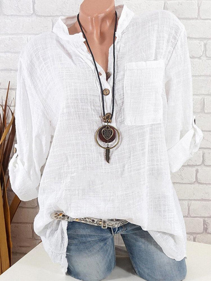 Comfysol White Solid with Buttons Casual Stand Collar Blouse