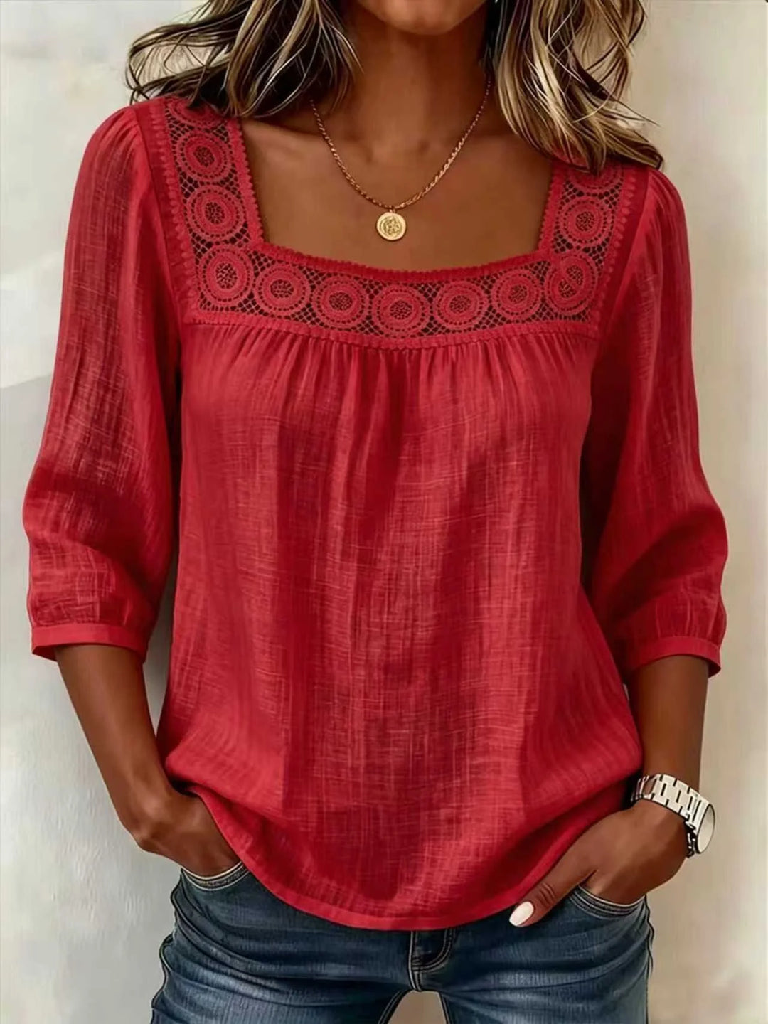 Square Neck Half Sleeve Plain Regular Loose Blouse For Women