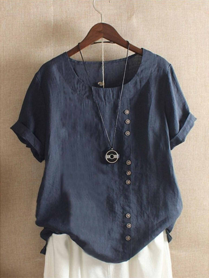 Comfysol Women's Vintage Loose Round Neck Button Short Sleeve Casual Cotton Blouse