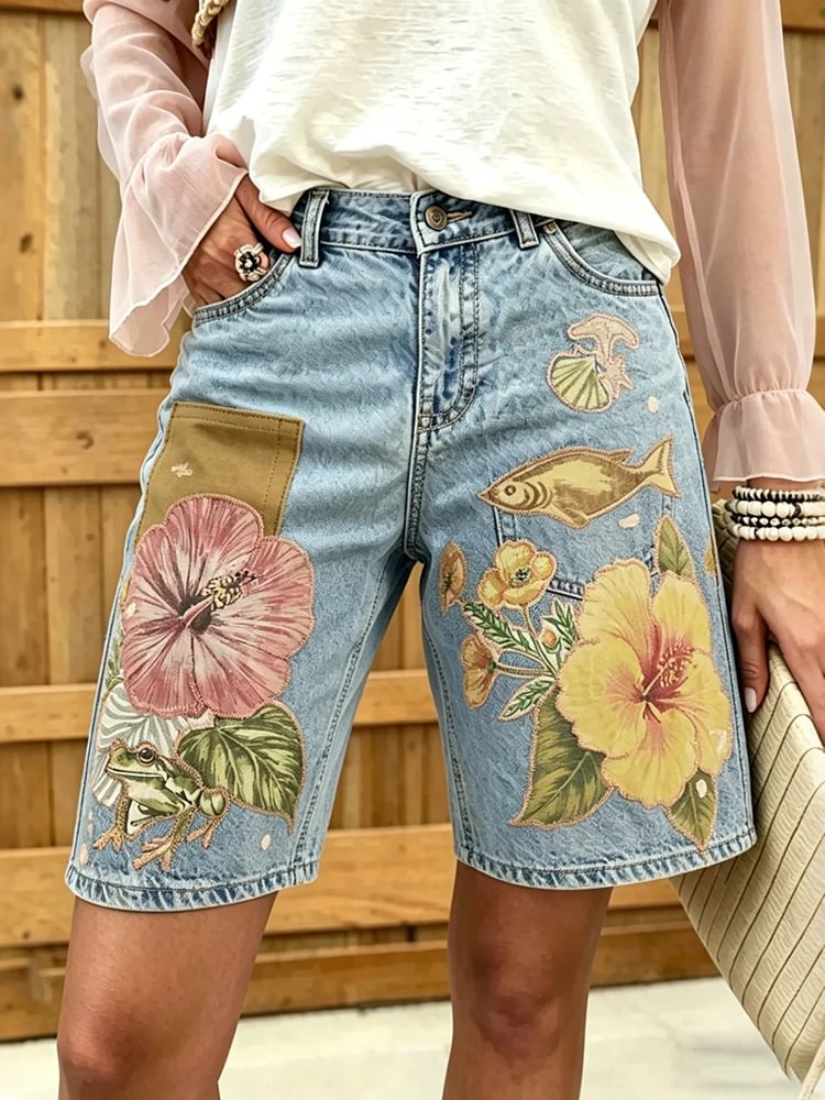 Women's peace symbol and floral graffiti print cotton denim Bermuda shorts