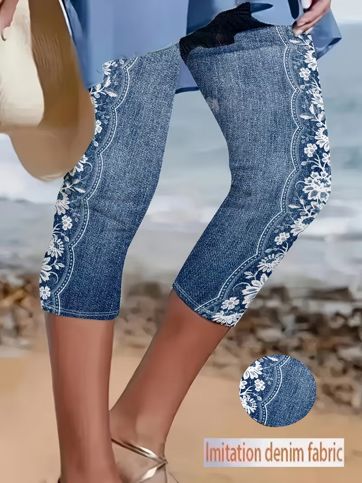 Women's Summer Vintage Floral Pattern Elastic Waist Cropped Pants