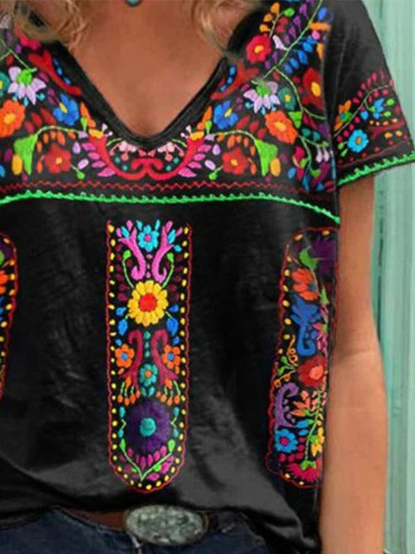 Comfysol Black Comfy V-neck Short Sleeve Floral Printed Blouse