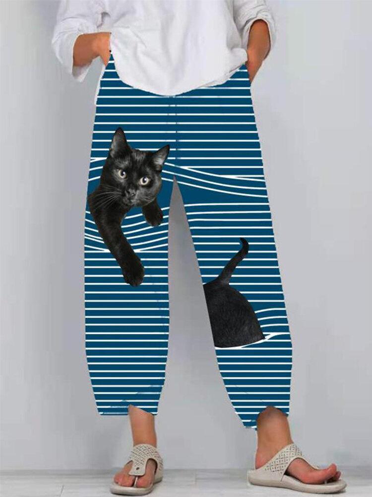Comfysol Cat Print Striped Patchwork Elastic Waist Casual Pants