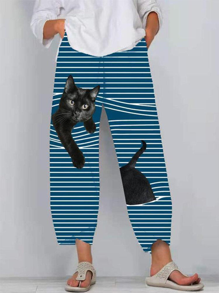 Comfysol Cat Print Striped Patchwork Elastic Waist Casual Pants