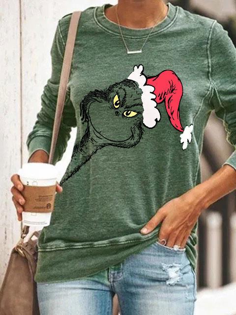 Comfysol Women's Christmas Monster Elements Print Long Sleeve Sweatshirt