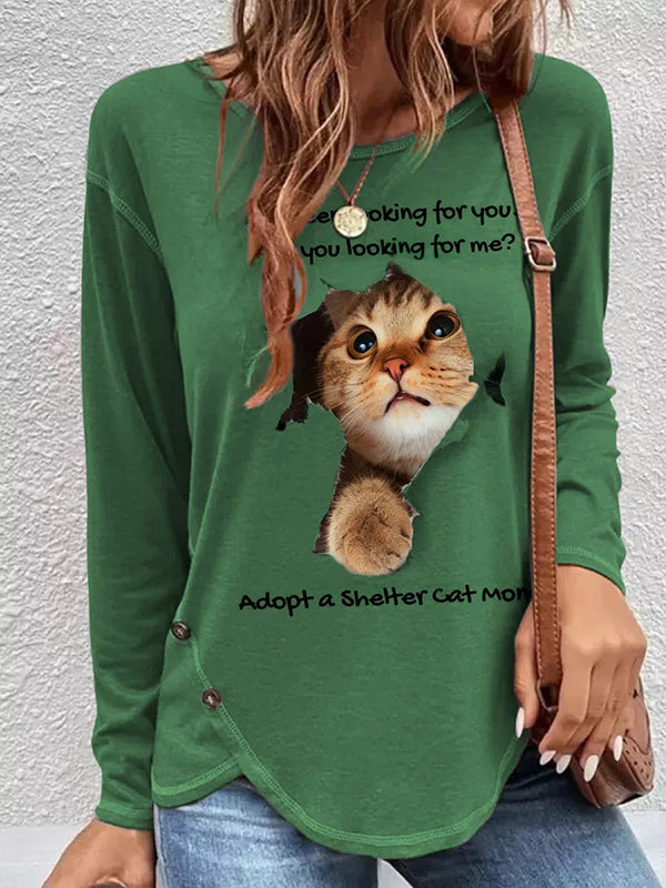 Comfysol Green Casual Graphic Tops Round Neck Long Sleeve Cat Character Printed Fleece Hoodies