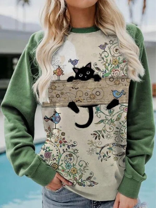 Comfysol Green Casual Round Neck Cat Printed Long Sleeve Sweatshirts