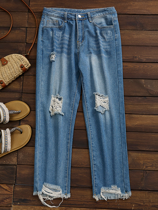 Comfysol Stylish Distressed Ripped Jeans with Frayed Hem