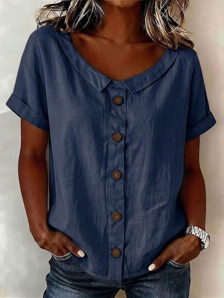 Women's Solid-color Round-neck Short-sleeve Casual Loose Cotton-linen Cardigan