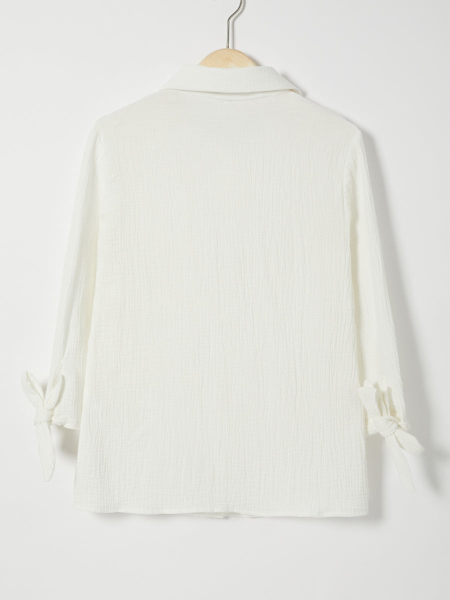 Comfysol Solid Color Bowknot Lapel Long Sleeve Blouse with Buttons