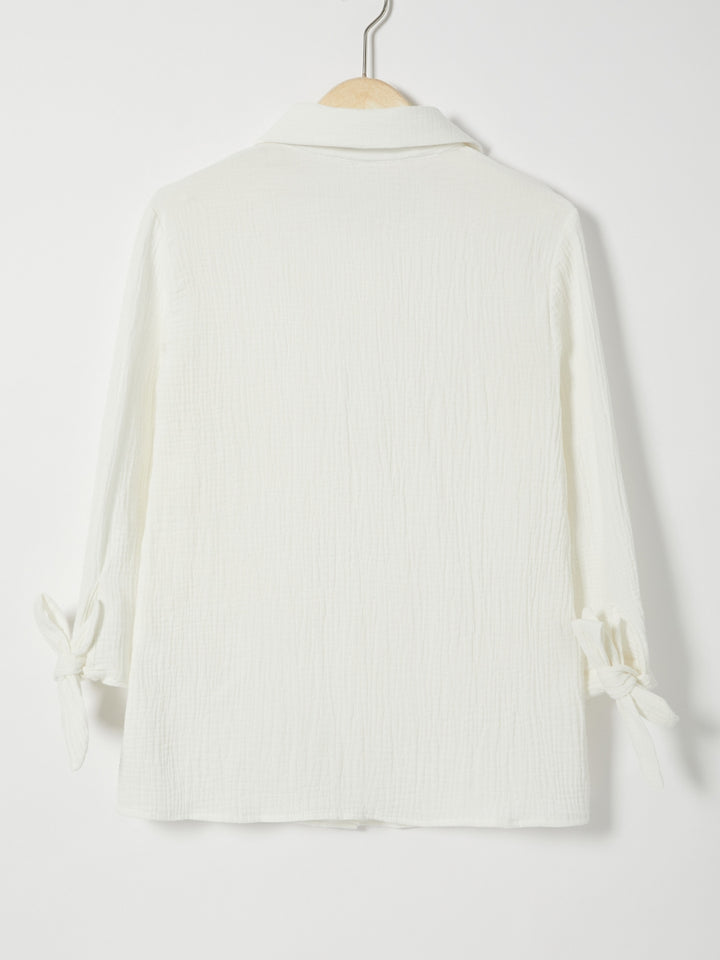 Comfysol Solid Color Bowknot Lapel Long Sleeve Blouse with Buttons