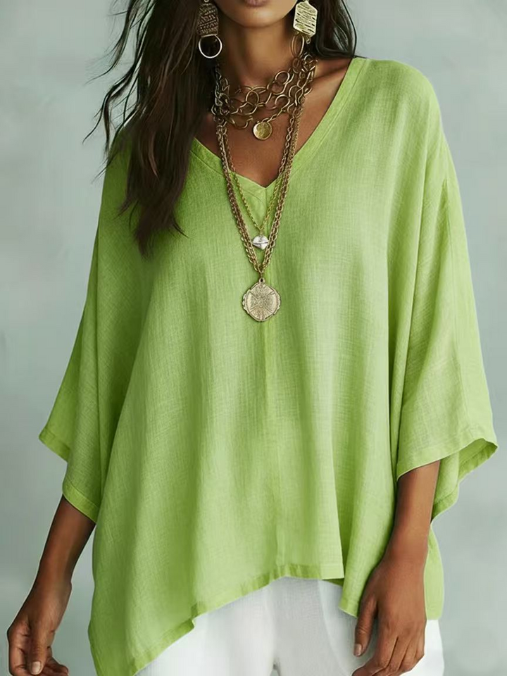 Flowy Solid V-Neck Irregular Hem Half Sleeve Top