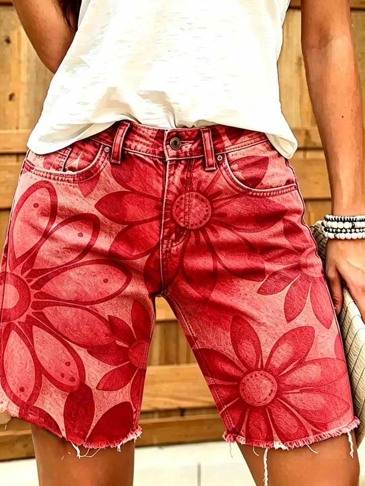 Rainbow Tie Dye Daisy Floral Raw Hem Denim Shorts