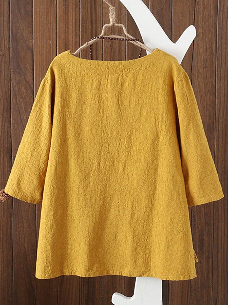 Comfysol Solid Buttons Casual Round Neck 3/4 Sleeve Blouse