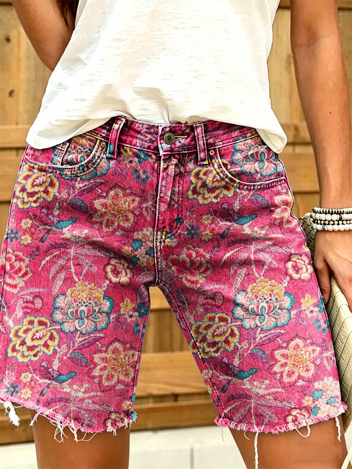 Women's Retro Ethnic Floral Art Print Casual Washed Cotton Denim Shorts