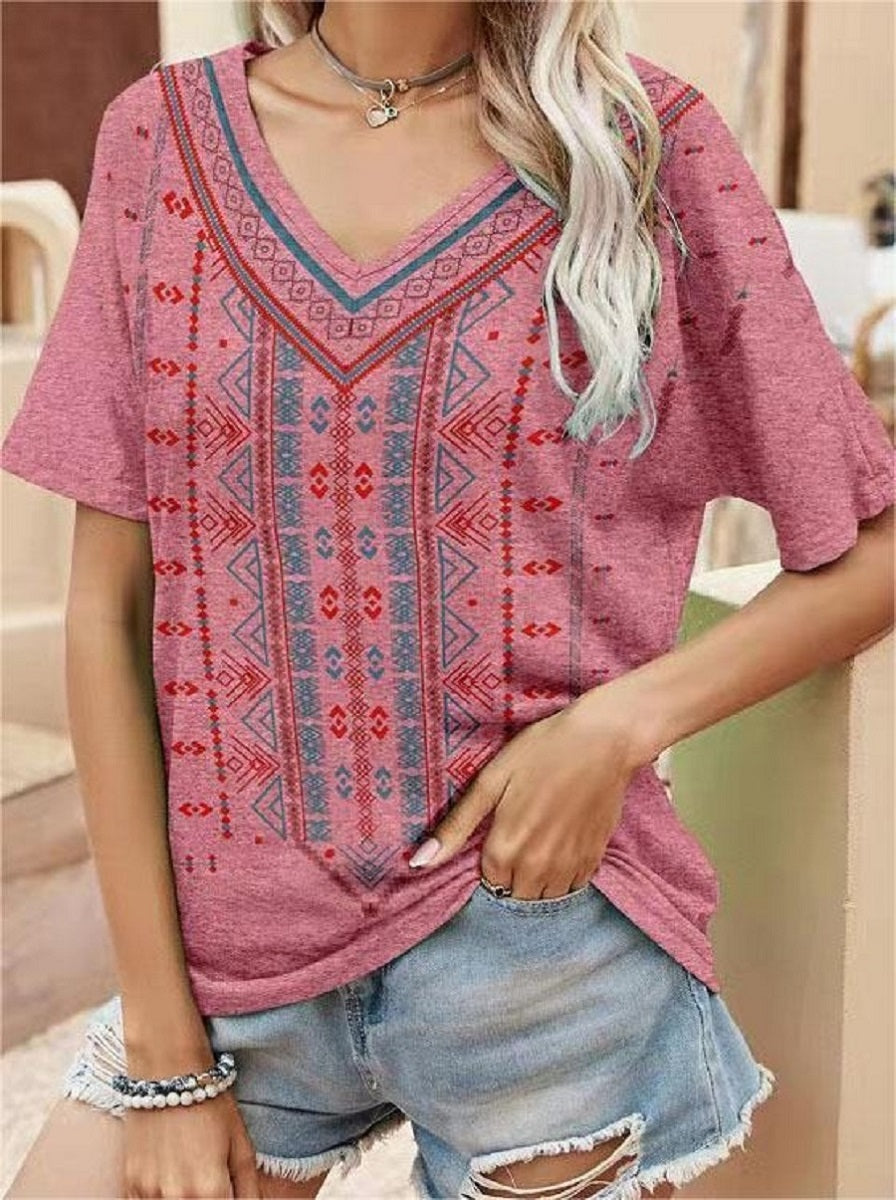 Comfysol Red Casual Graphic Tops V Neck Printed Short Sleeve T-shirt