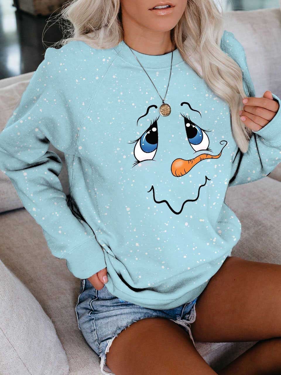 Comfysol Women's Cute Snowman Face Print Long Sleeve Sweatshirt