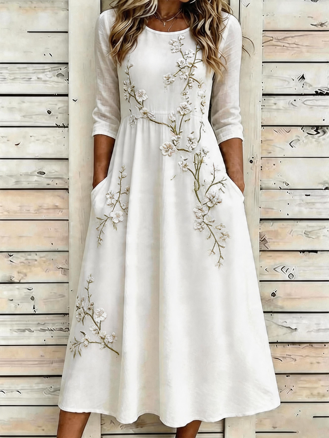 Round Neck Floral Embroidered Maxi Dress with Pockets