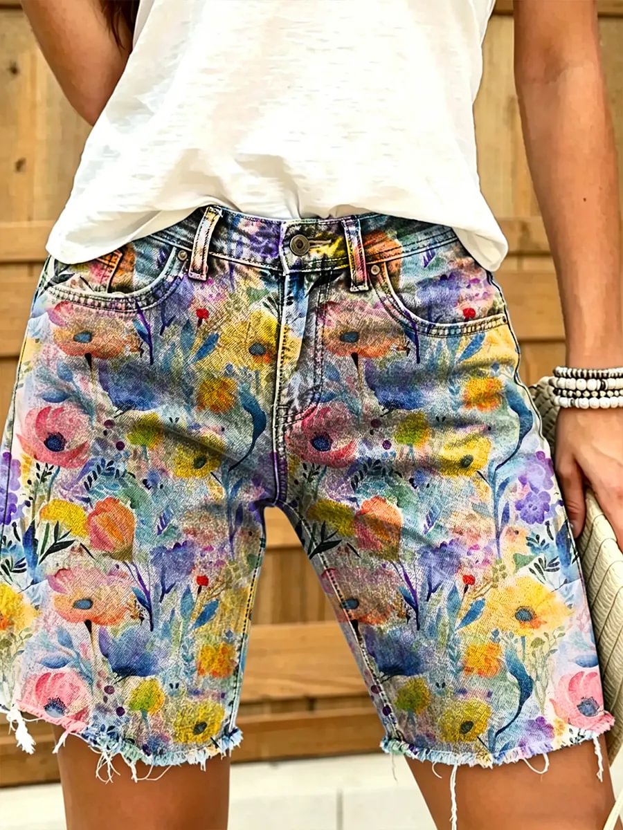 Ethnic Watercolor Floral Art Print Casual Denim Shorts