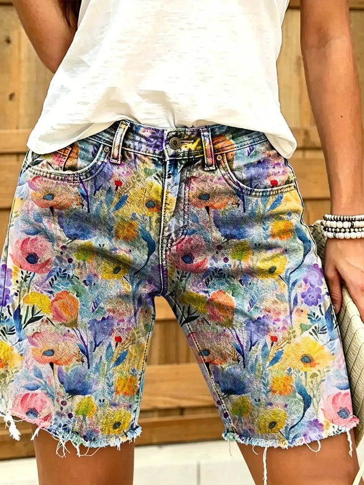 Ethnic Watercolor Floral Art Print Casual Denim Shorts