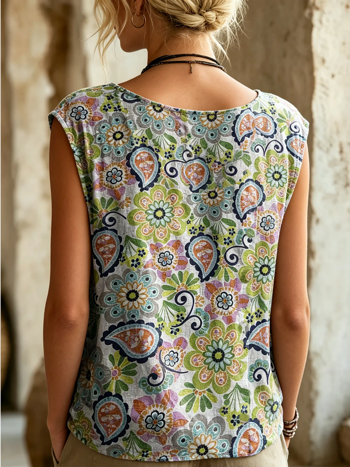 Women's Paisley Floral All-Over Print Button Detail Sleeveless Top