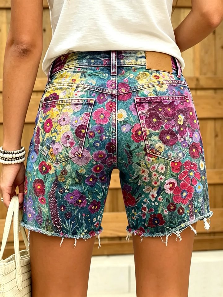Women's Multicolor Boho Floral Print Frayed Hem Denim Shorts