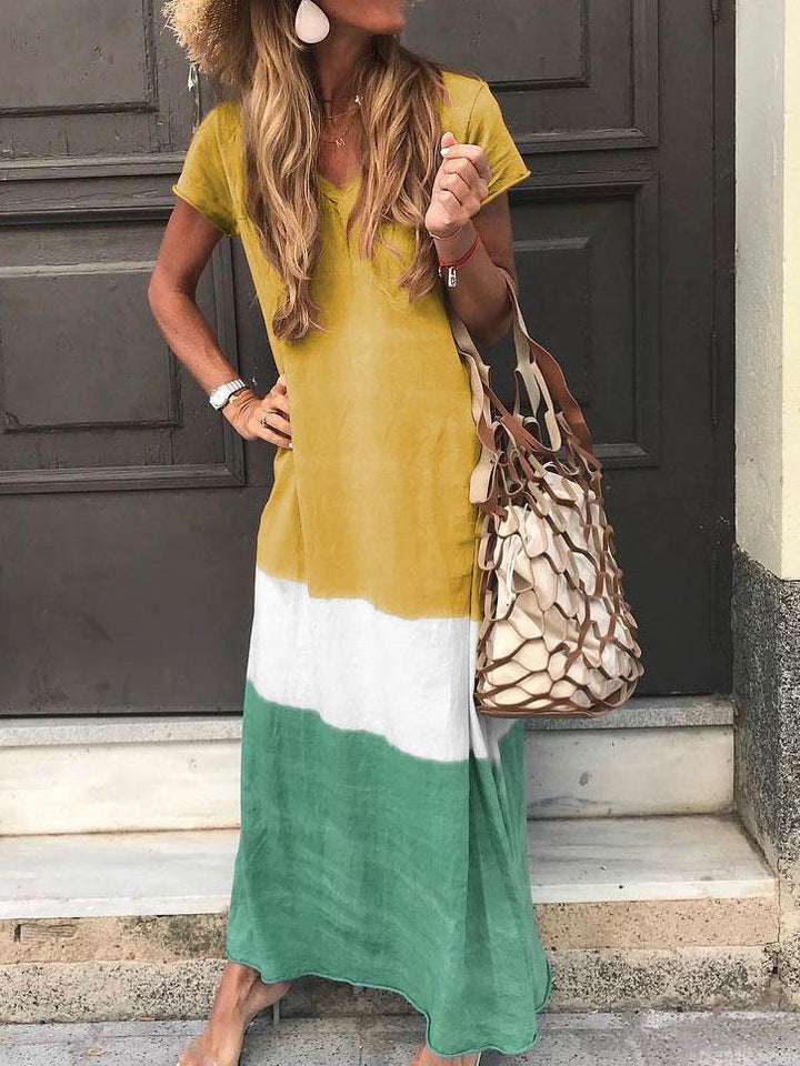 Comfysol V-neck Stripe Patchwork Casual Short Sleeve Maxi Dresses